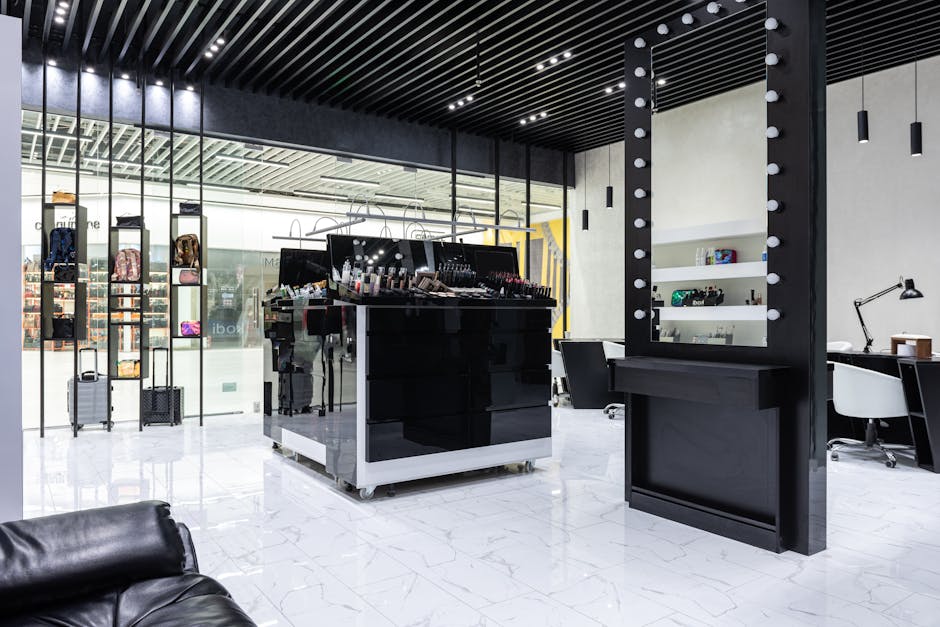 Elegant beauty salon interior with professional styling stations and luxurious ambiance